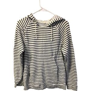 J.Crew Womens M Black White Sweatshirt Drawstring Hoodie Pullover Striped